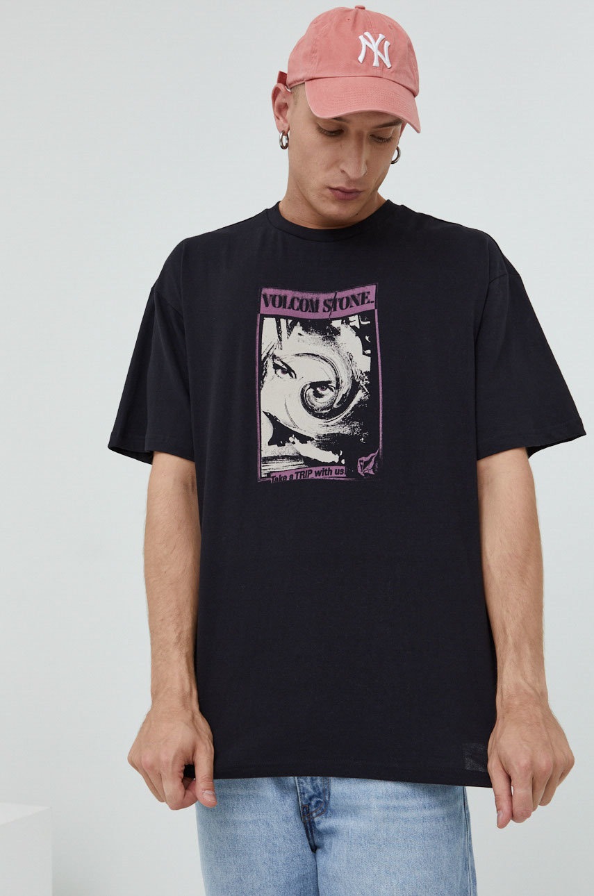 

Памучна тениска Volcom в черно с принт, Черен