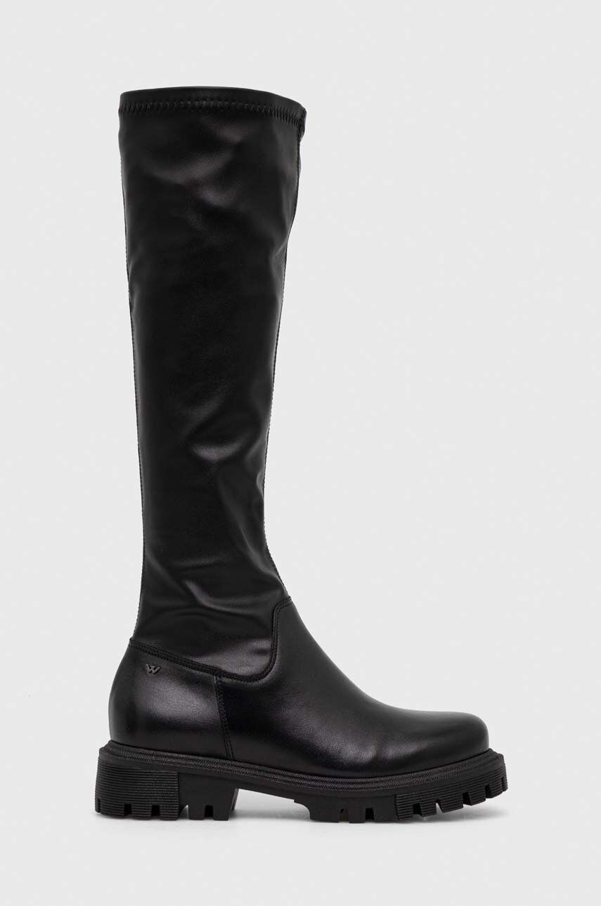 Kožené kozačky Wojas dámské, černá barva, na plochém podpatku, 7104981