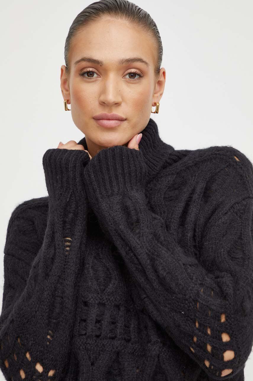 Silvian Heach pulover din amestec de lana femei, culoarea negru, călduros, cu guler