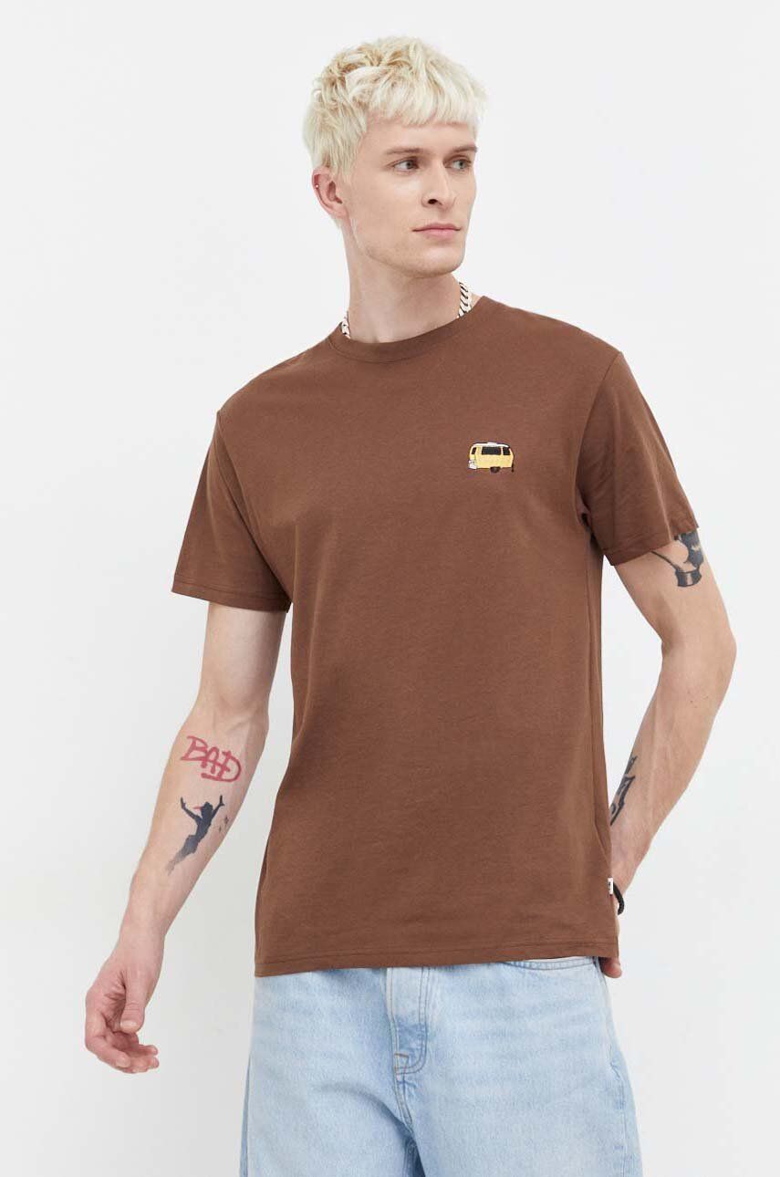 Solid tricou din bumbac barbati, culoarea maro, cu imprimeu