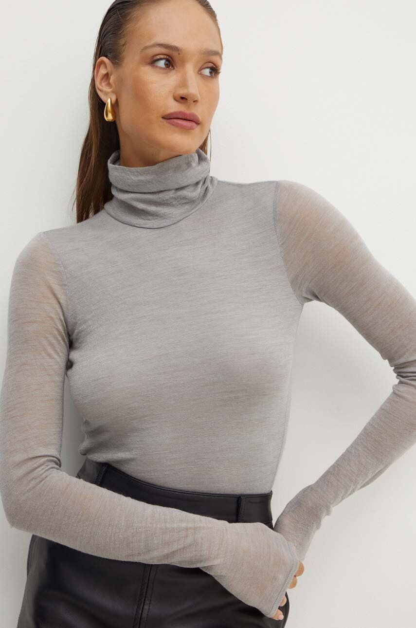 Vlnené tričko s dlhým rukávom Liviana Conti šedá farba, s rolákom, F4WH17