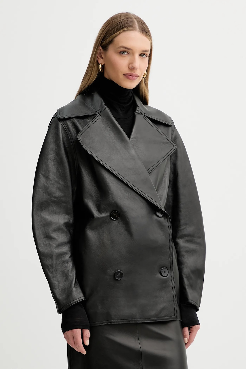 Liviana Conti palton de piele culoarea negru, L5WX40