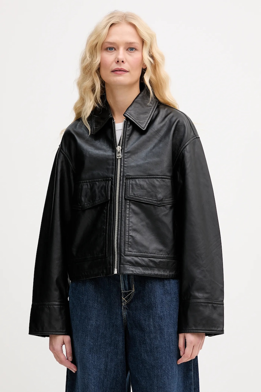 Marc O'Polo geacă de piele culoarea negru, de tranziție, oversize, 5000007965