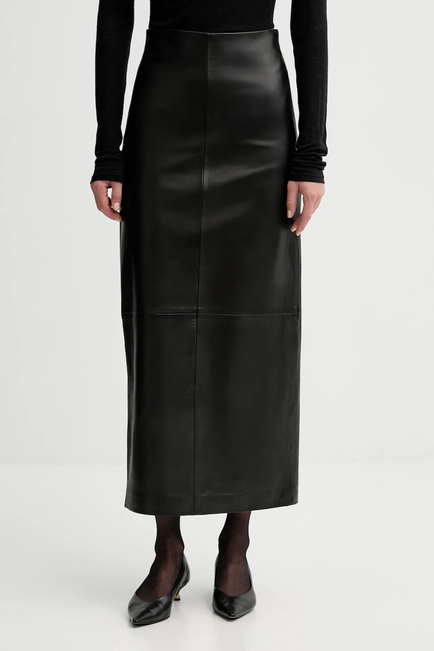 Liviana Conti fusta de piele culoarea negru, maxi, drept, L5WX52