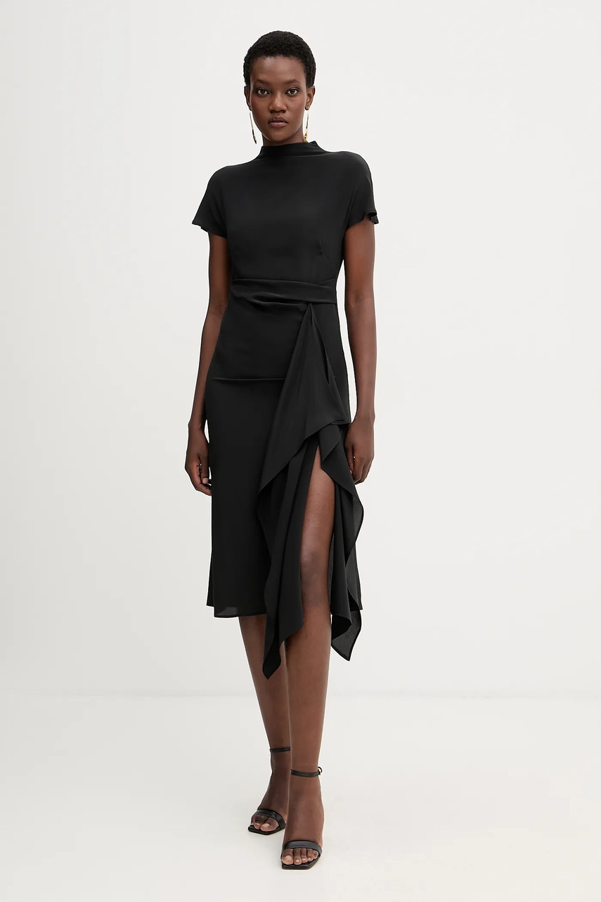 Liviana Conti rochie de mătase culoarea negru, midi, evazați, L5WS15