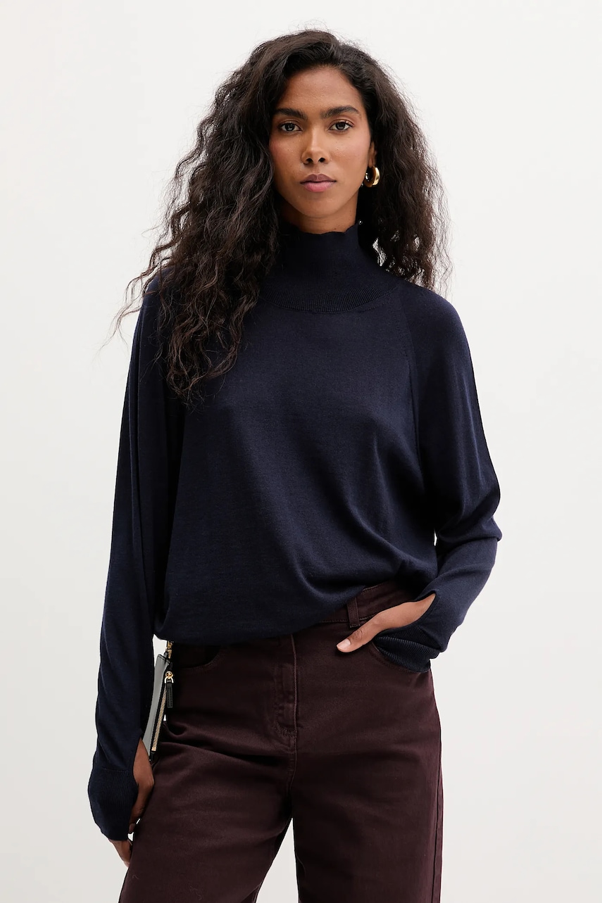 Liviana Conti pulover de lână culoarea bleumarin, light, cu guler, F5WA23